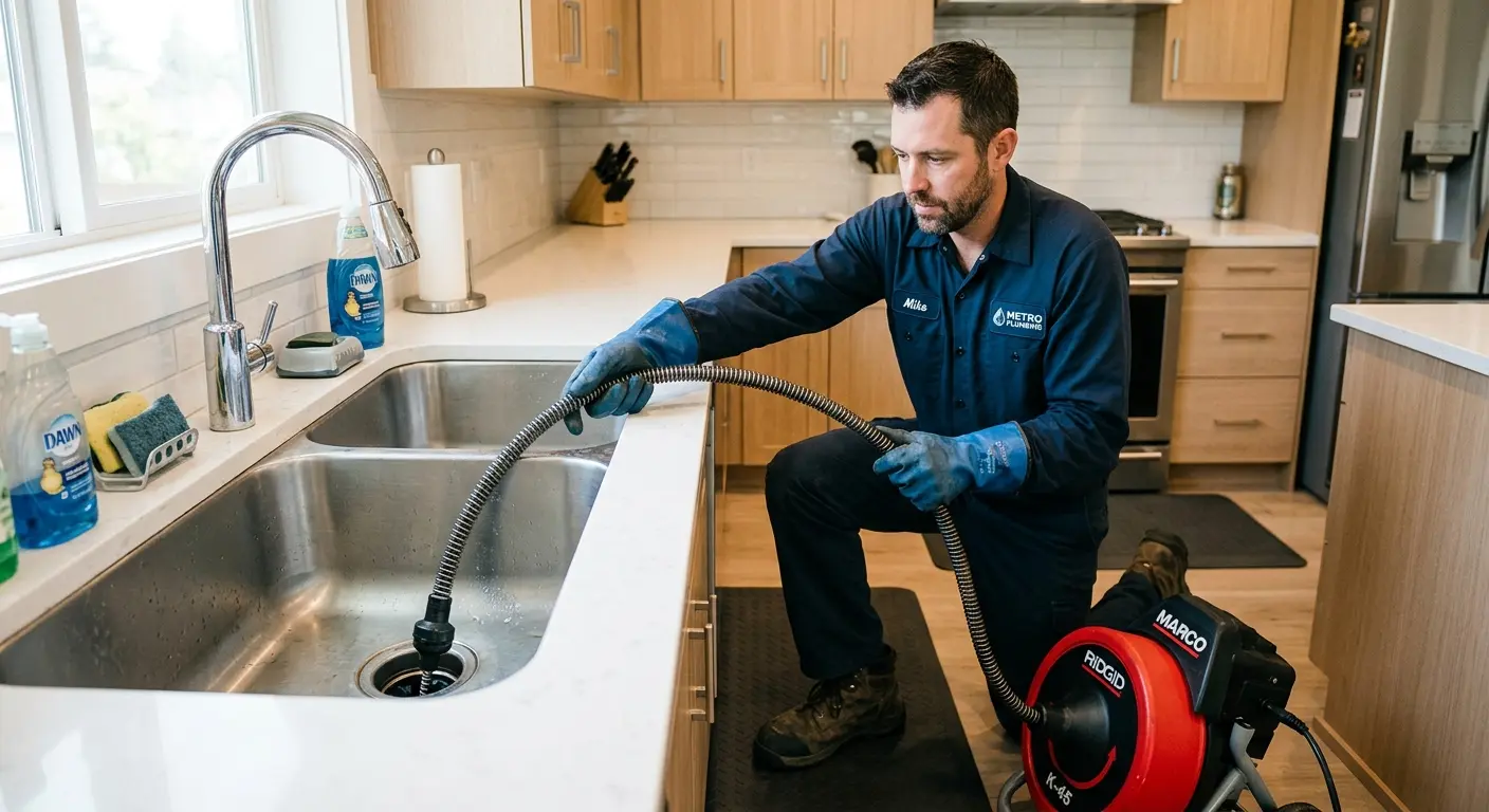 Drain cleaning technician using a motorized snake on a kitchen sink in Taft