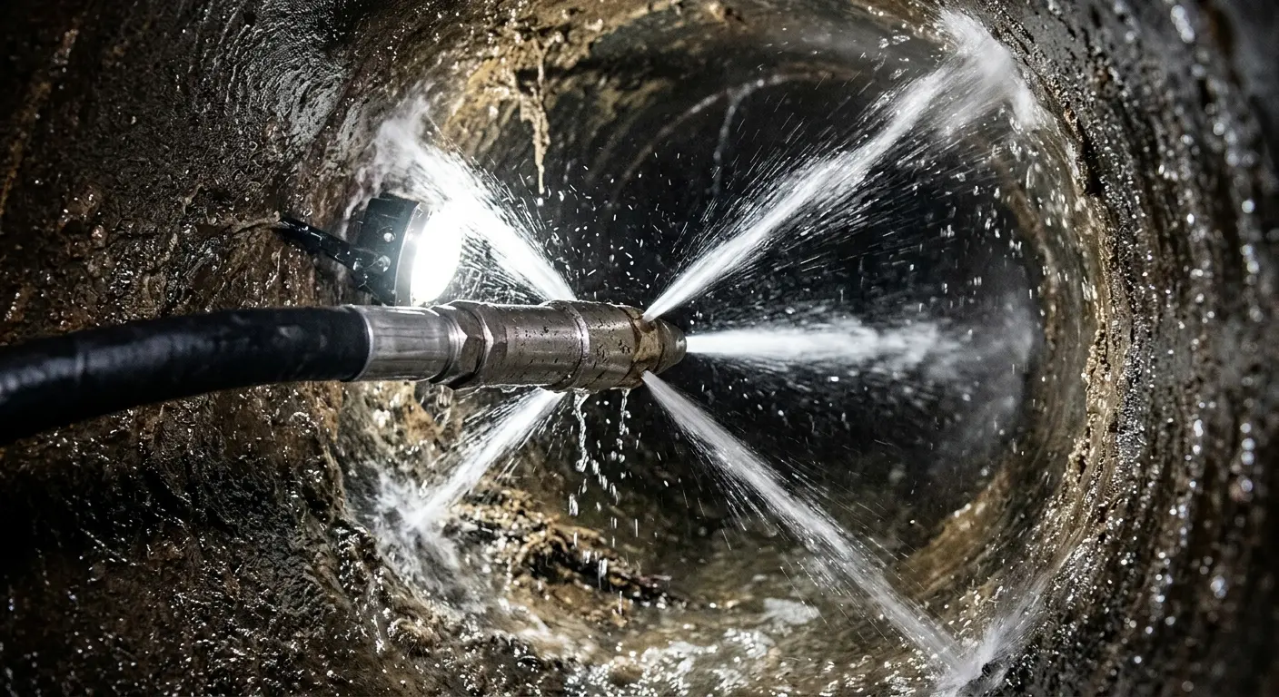 High-pressure hydro jetting nozzle cleaning sewer pipe for Sewer Cleanout in Taft