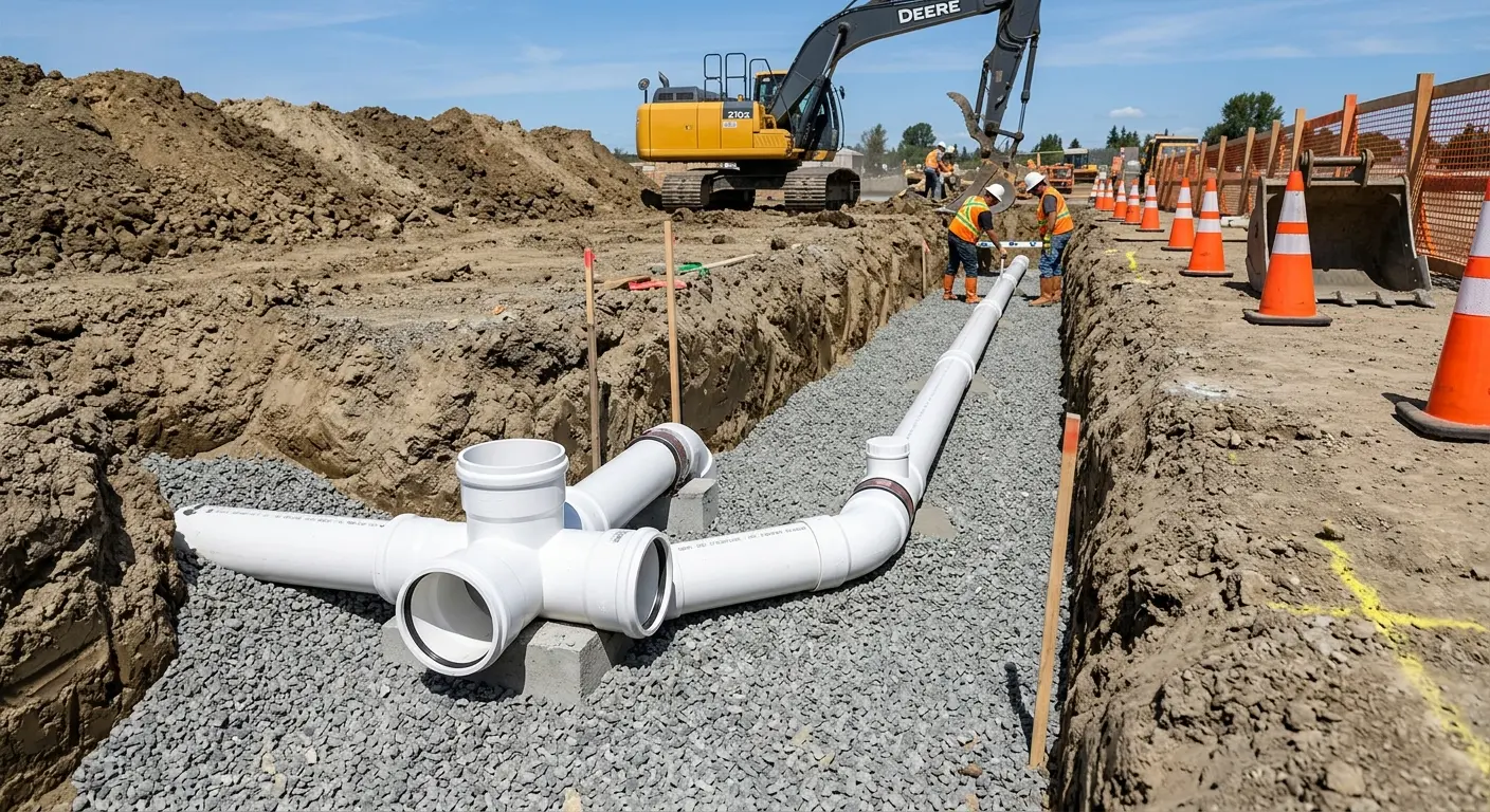 New PVC sewer pipe installation in open trench for Sewer Backup in Taft