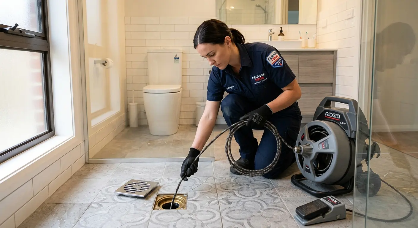 Technician clearing a bathroom floor drain for Sewer Line Replacement in Taft